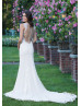 Plunging V Neck Ivory Lace Tulle Sheer Back Wedding Dress